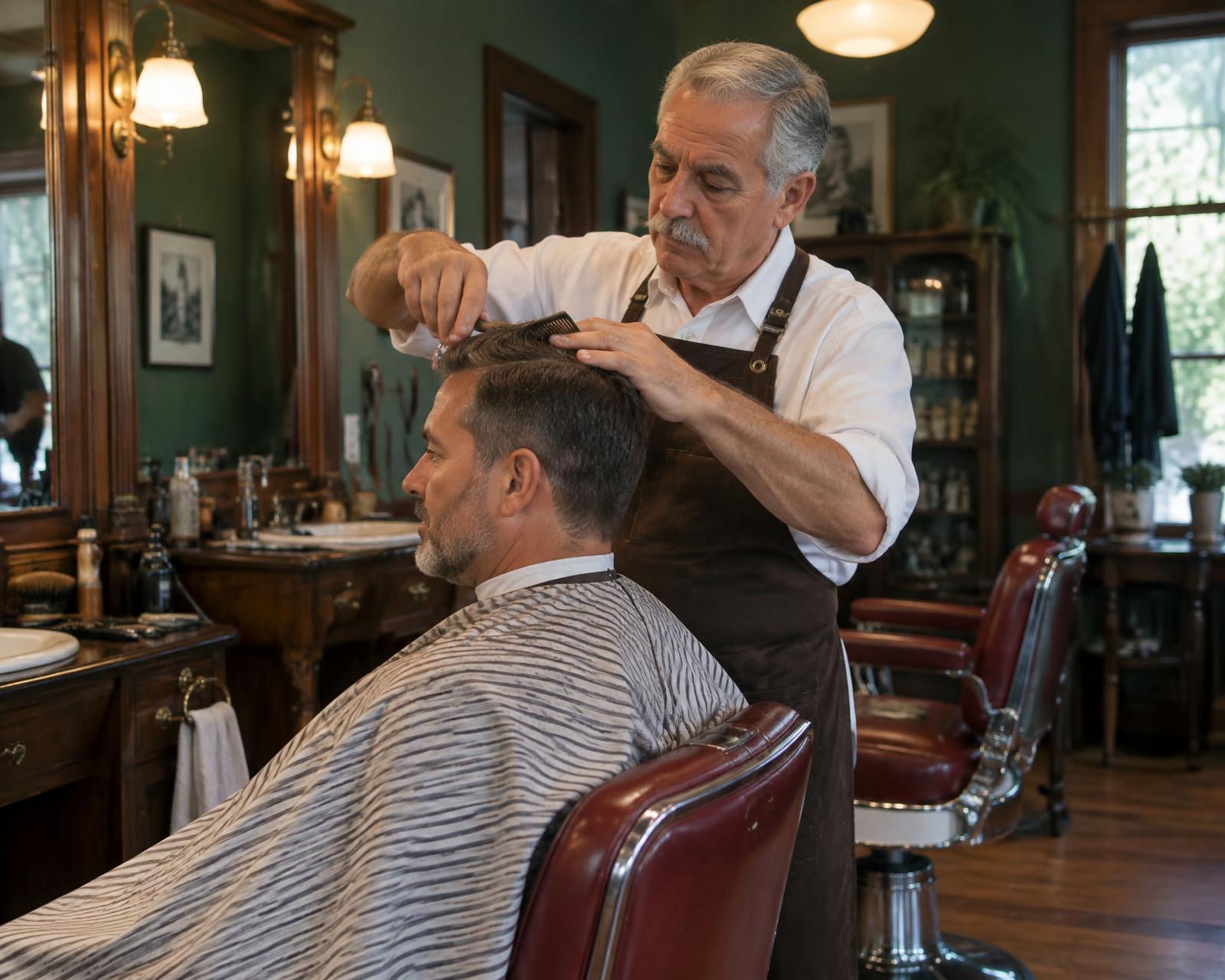 Seasoned grey-haired barber cutting a client's hair beside walnut stations and traditional leather chairs