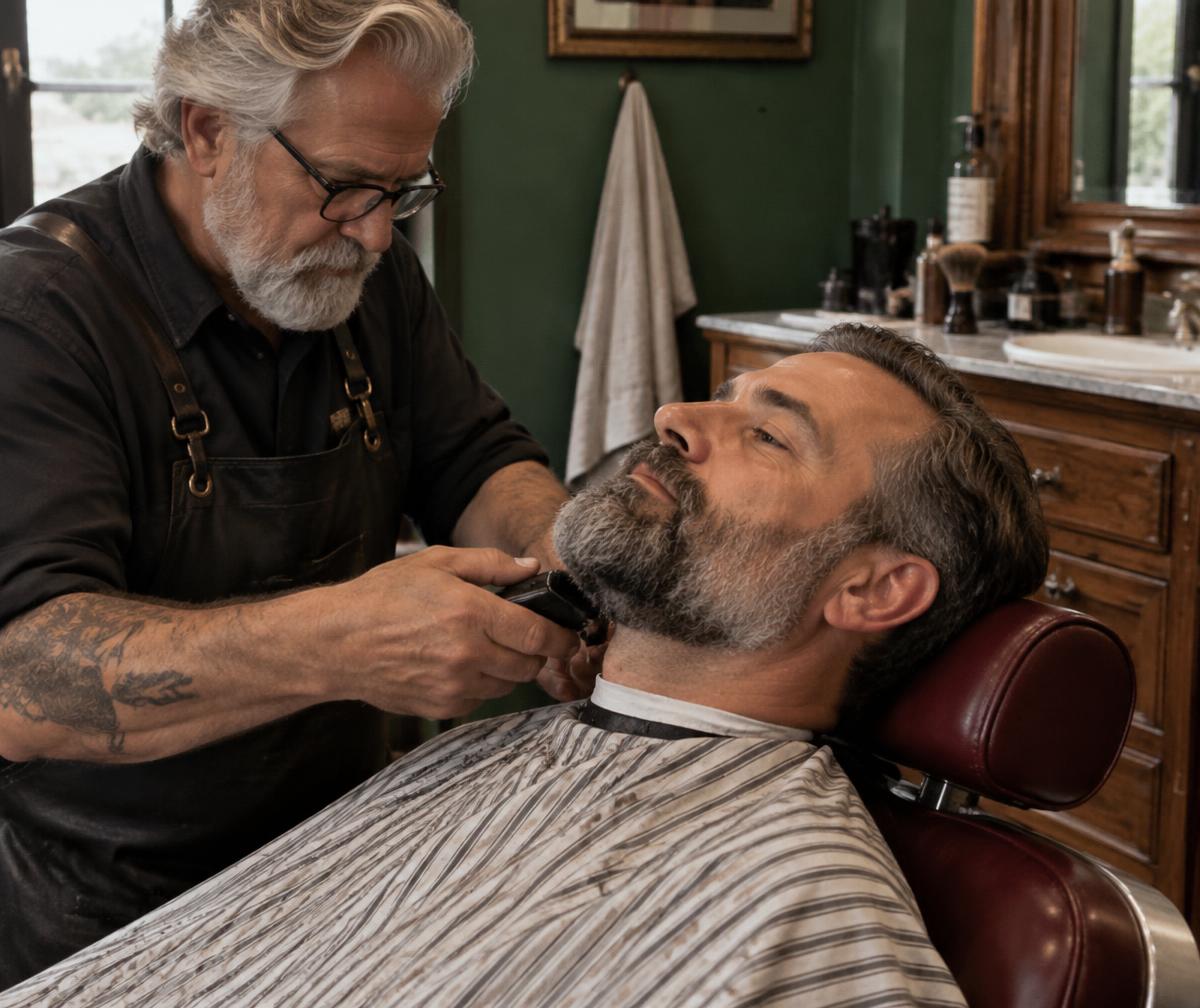 Grey-haired barber carefully shaping a client's full beard