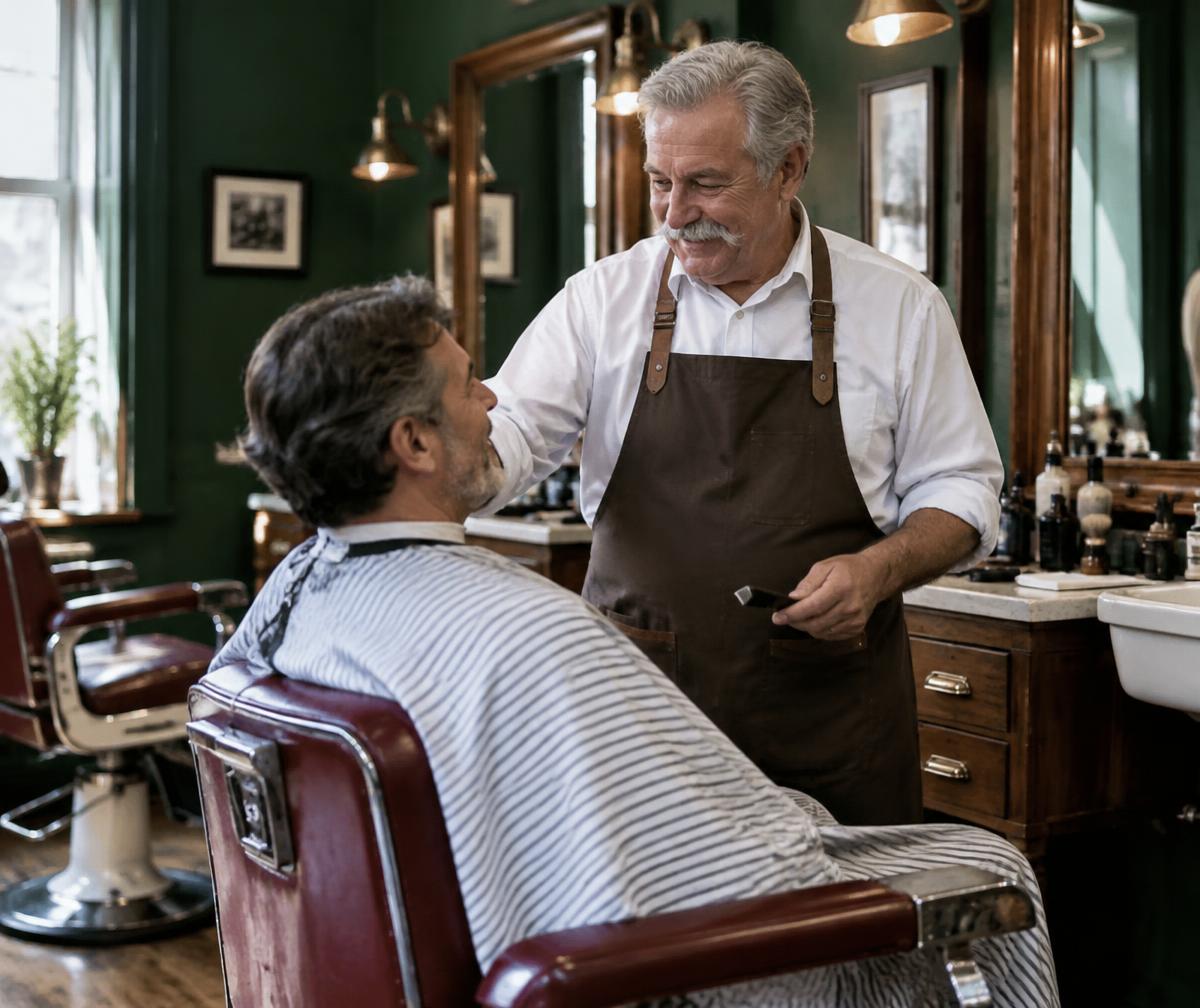 Seasoned barber and customer sharing a conversation between cuts