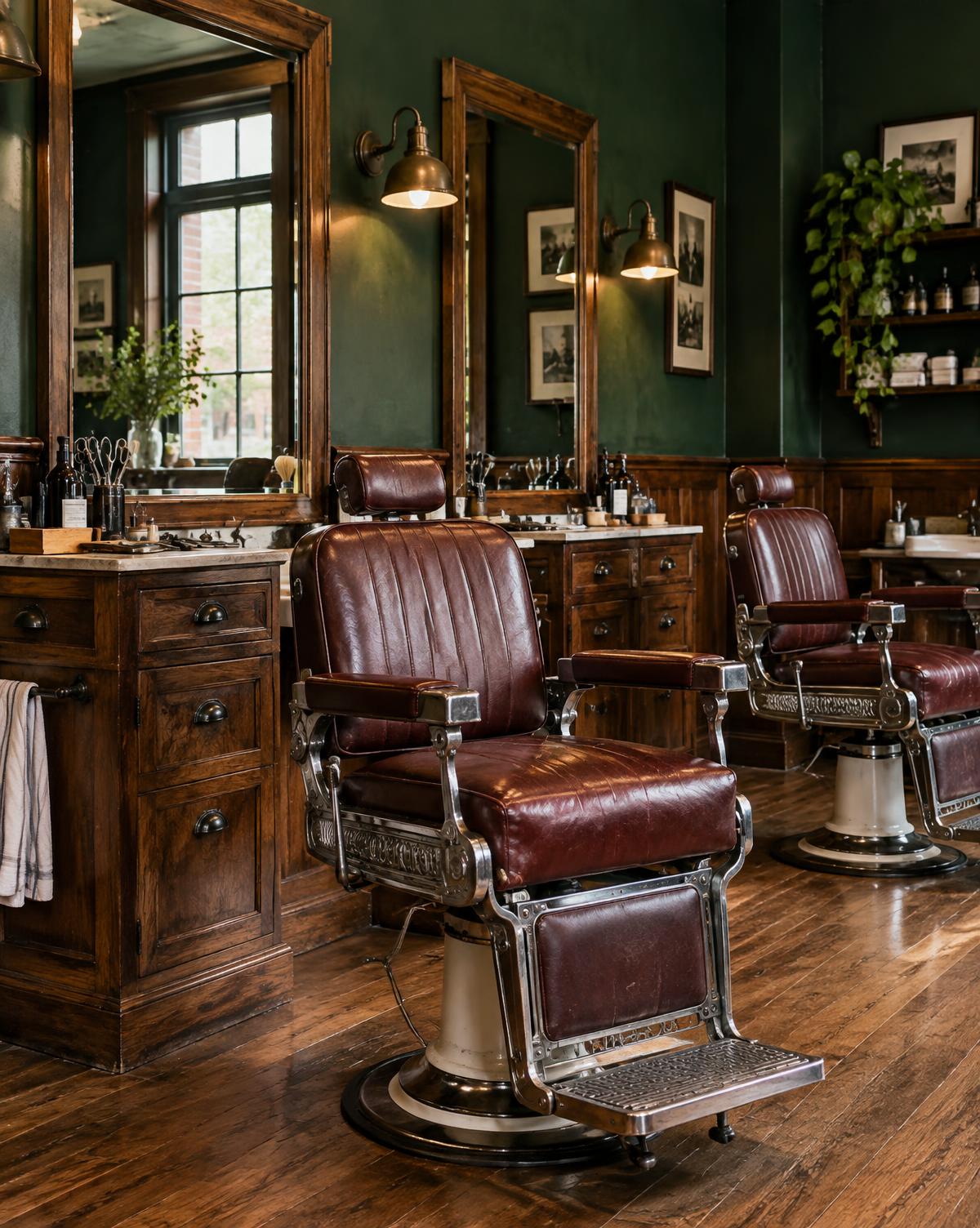 Traditional leather barber chairs, well-worn walnut stations and brass lamps against forest green walls