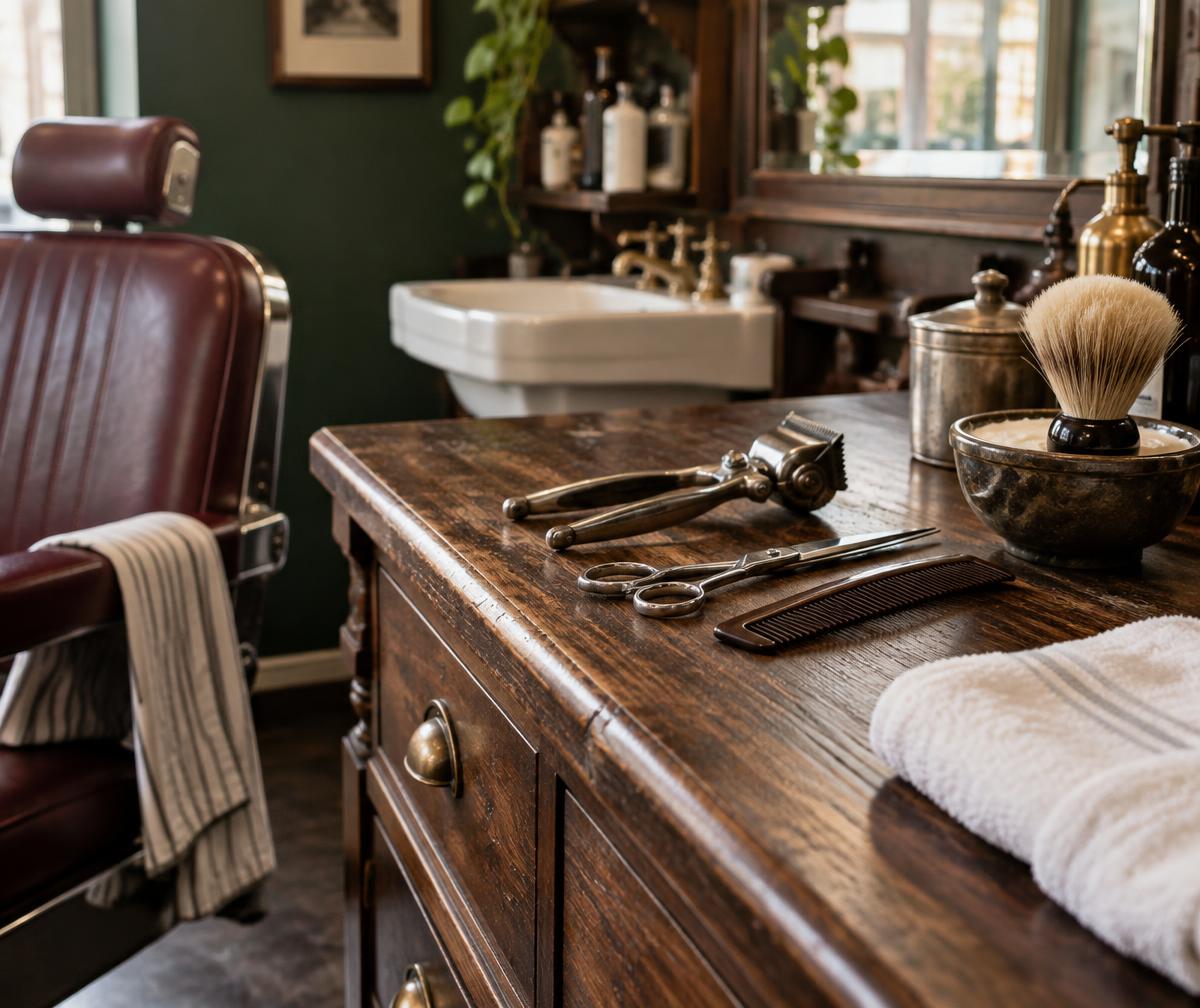 Scissors, comb and shaving brush on a well-worn walnut counter
